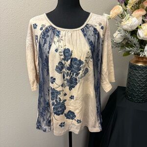 Vanilla Sugar 3X Beige Blue Floral Print Boho Top Soft Stretchy Casual Blouse